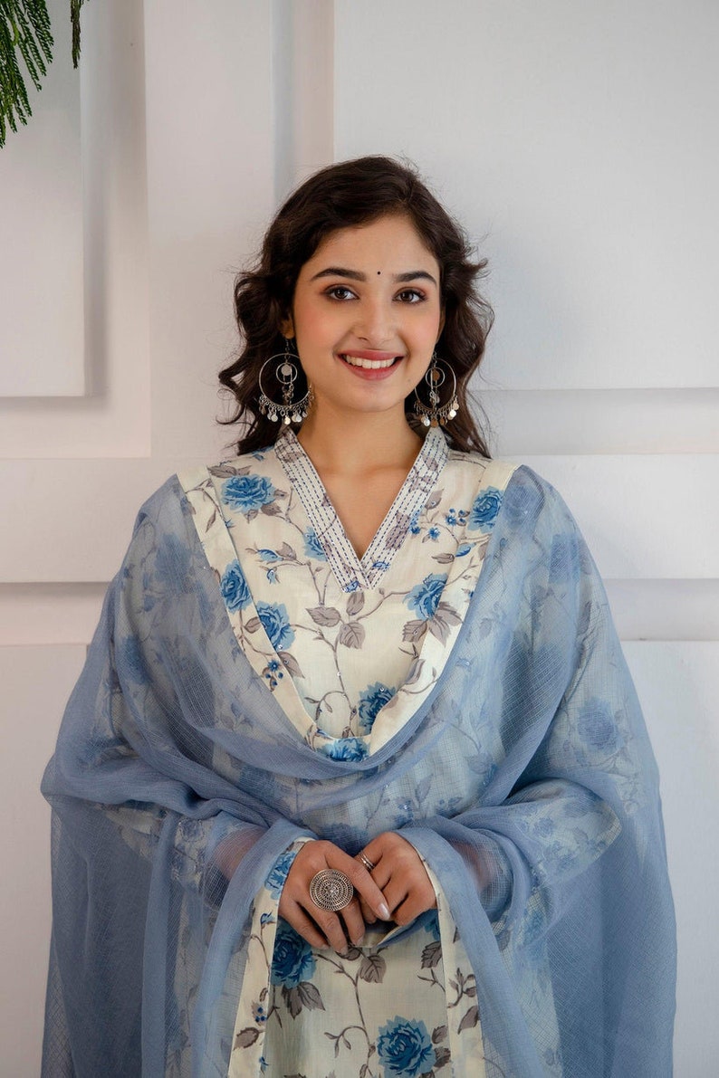 Bollywood Designer Kurti Set Blue floral Hand block kurti palazzo Dupatta set Casual wear Readymade Salwar Kameez Kurti for women image 6