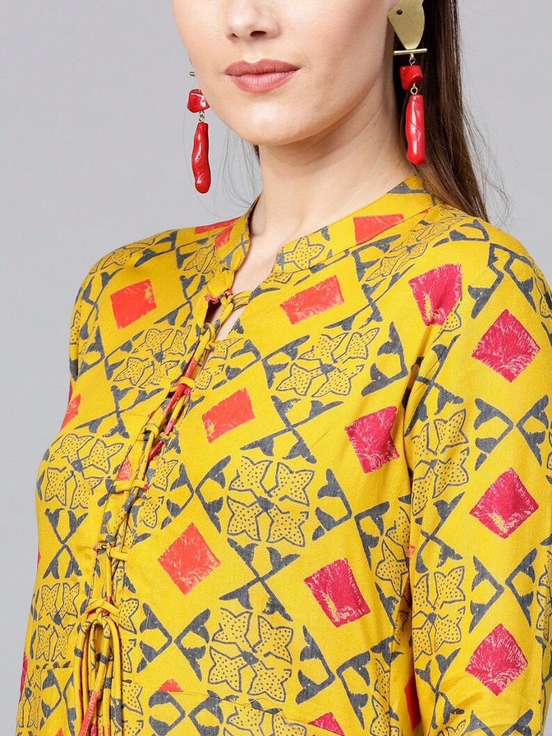 Bollywood Indian Mustard Yellow and Grey Colored Straight Kurta Indian Ethnic wear Shop Online for Women Geometric Print Kurta for Women
