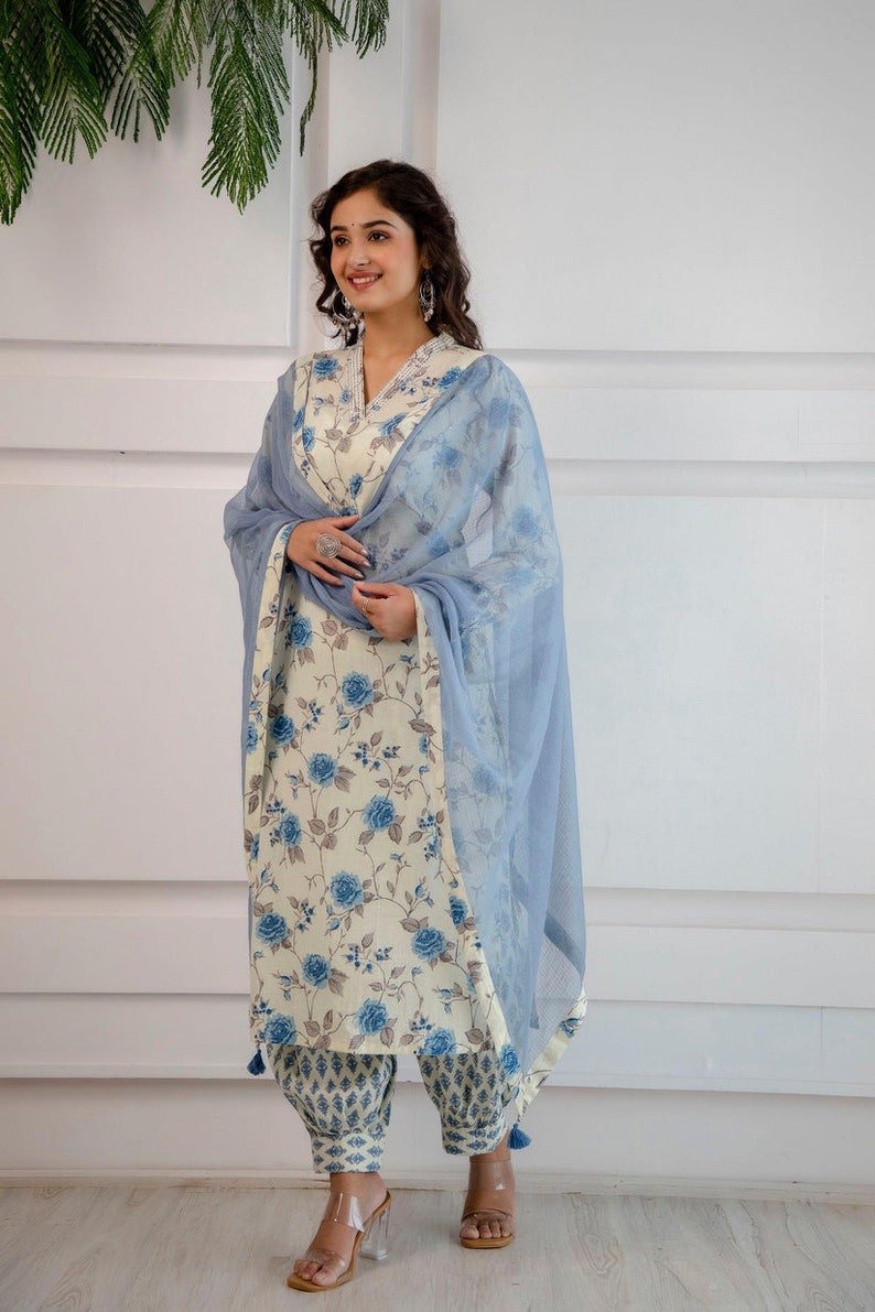 Bollywood Designer Kurti Set Blue floral Hand block kurti palazzo Dupatta set Casual wear Readymade Salwar Kameez Kurti for women image 9