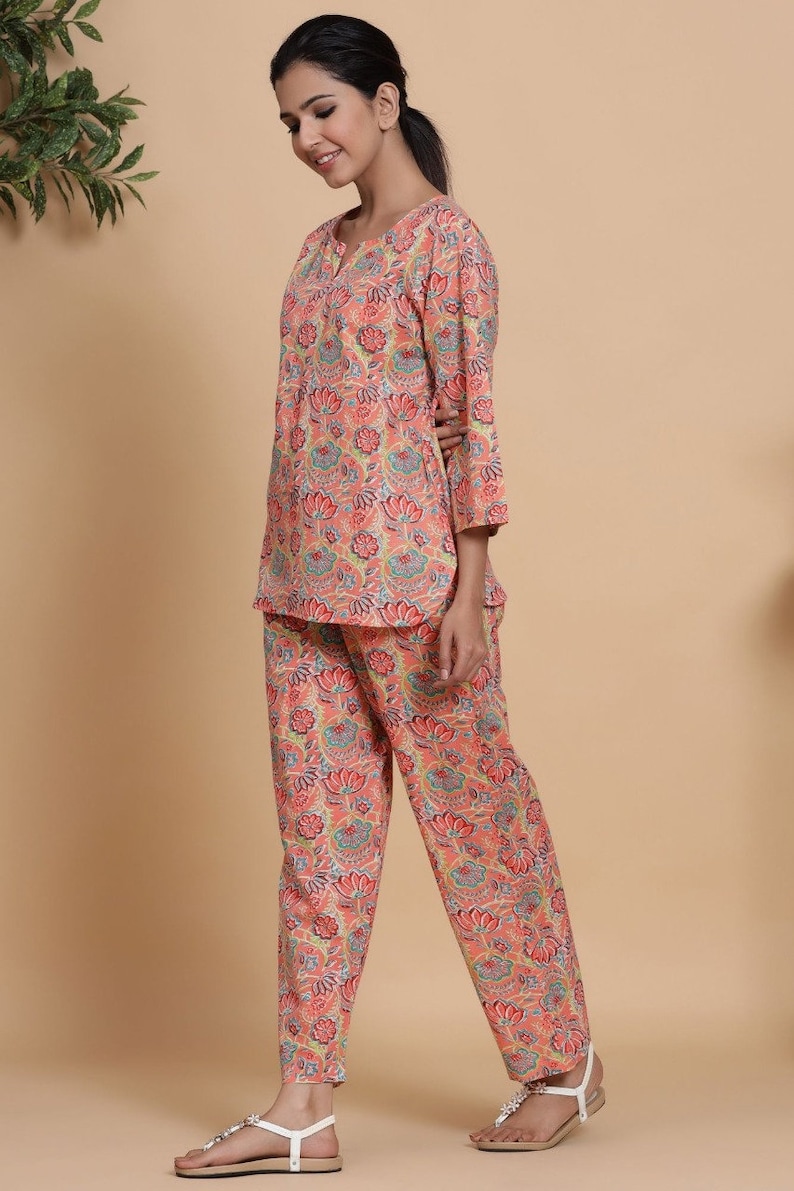 Indian Handmade Designer Cotton Night Suits Bollywood Bollywood Bollywood Women Pink Beautifully Floral Printed Comfortable Night Suit