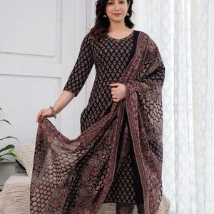 Black Floral Cotton Kurta Pant Dupatta Set: Handblock Print Ethnic Suit