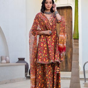 Maroon Floral Print Cotton Kurta Sharara Dupatta Set: Indian Ethnic Wear