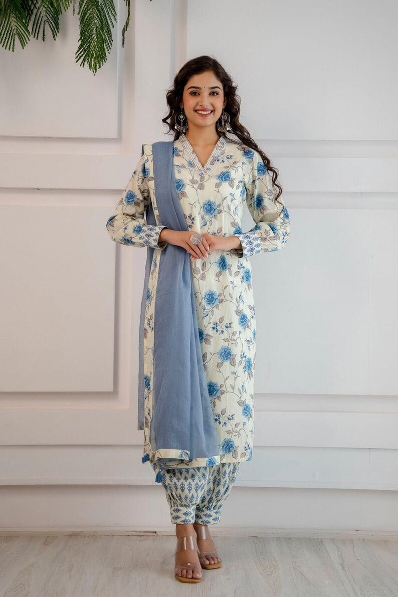 Bollywood Designer Kurti Set Blue floral Hand block kurti palazzo Dupatta set Casual wear Readymade Salwar Kameez Kurti for women image 1