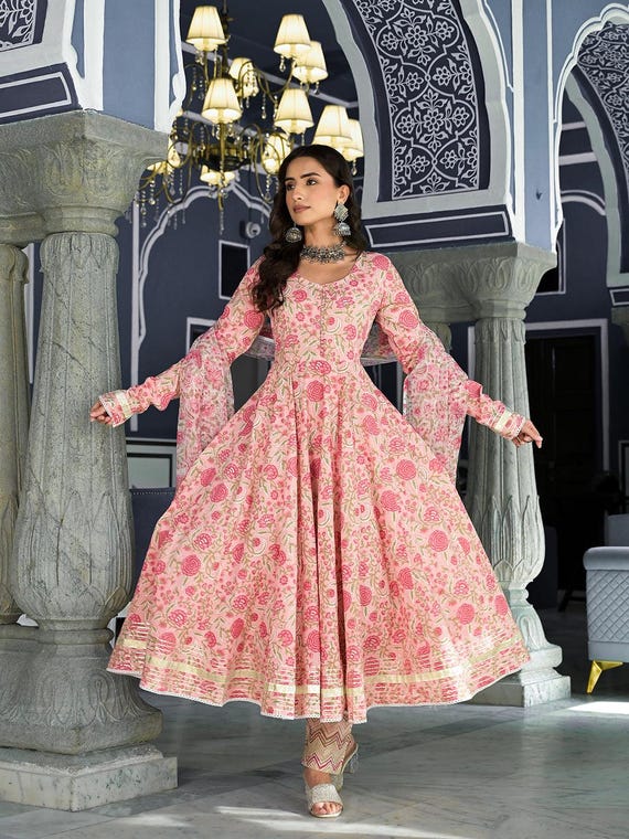 Blush Pink Floral Anarkali Suit Set: Cotton Festive Wear Blush Pink Floral Anarkali Suit Set: Cotton Festive Wear