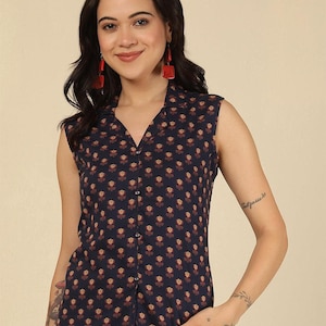 Rajasthani Hand Block Printed Sleeveless Cotton Shirt Top | Women’s Summer Blouse | Ethnic Collared Top | Jaipuri Ready to Wear Collection
