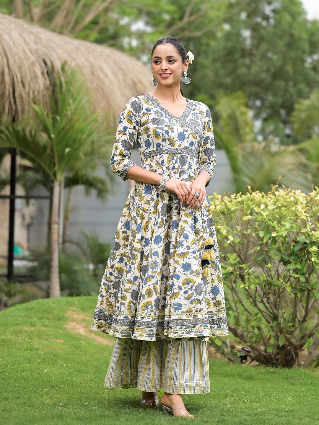 Off-white Floral Angrakha Sharara Set | Rajasthani Style Suit Set | Jaipuri  Outfit, Readymade Block Print Set, Outfit for Her |latest Style - Etsy