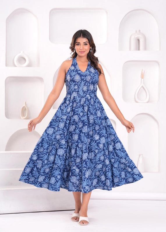 slim fit dress slacks Midnight Navy Floral Printed Halter Neck Back Tie Tiered Maxi Dress Small main image 0