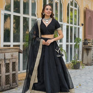Black Lehenga Choli: Golden Zari & Sequin Embroidery, Indian Wedding Outfit
