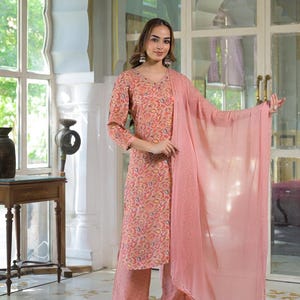 Peach Floral Suit Set | Indian Ethnic Outfit for Women | Festive Kurti Pant Set | Elegant Block Print Suit | Readymade Ethnic Women&#39;s Wear