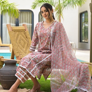 Hand Block Printed Cotton Suit Set: Maroon Kurta with Dupatta