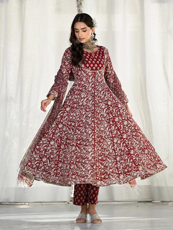 Maroon Hand Block Printed Anarkali Suit Set: Pure Cotton Kurta, Pants & Dupatta