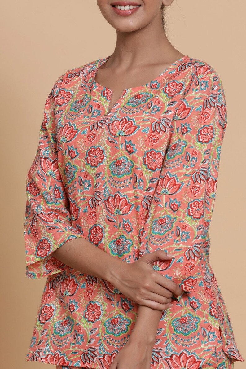 Indian Handmade Designer Cotton Night Suits Bollywood Bollywood Bollywood Women Pink Beautifully Floral Printed Comfortable Night Suit