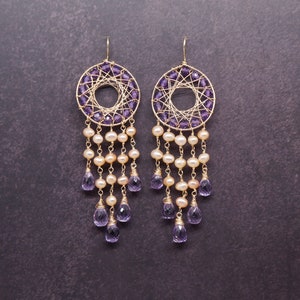 Amethyst and Pearl Dreamcatcher Earrings| Christmas Birthday Wedding Anniversary Gift For Her| 14K Gold Filled Gemstone Dangle Drop Earrings