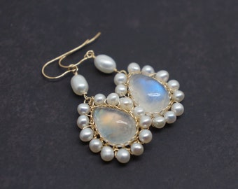 Rainbow Moonstone and Pearl Gold Wire Wrapped Earrings| Christmas Birthday Wedding Anniversary Gift For Her| Dainty June Birthstone Earrings