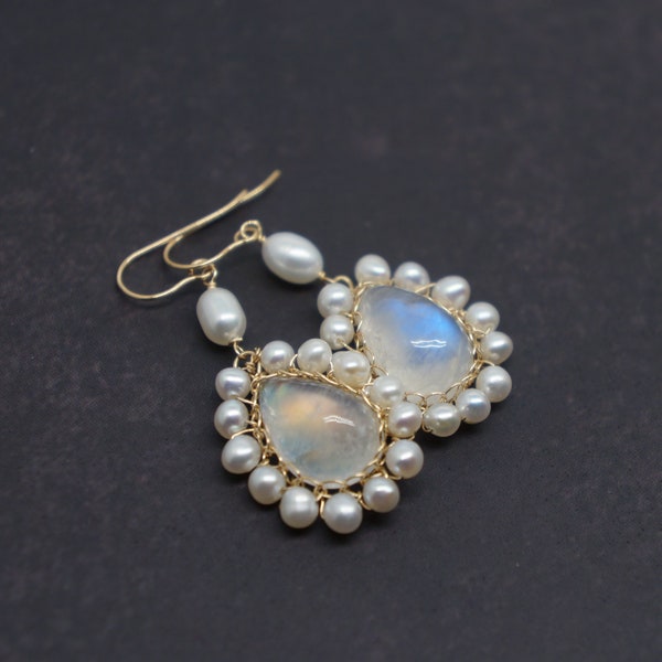 Rainbow Moonstone and Pearl Gold Wire Wrapped Earrings| Christmas Birthday Wedding Anniversary Gift For Her| Dainty June Birthstone Earrings