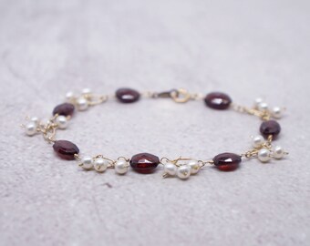 Red Garnet and Pearl 14k Gold Filled Wire Wrapped Garland Bracelet | Birthday Wedding Anniversary Gift For Her | Gemstone Bracelet