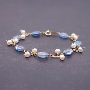 kyanite and Pearl 14k Gold Filled Wire Wrapped Bracelet | Christmas Birthday Wedding Anniversary Gift For Her | June Birthstone Bracelet