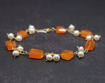 Orange Onyx And Pearl 14k Gold Filled Wire Wrapped Garland Bracelet | Christmas Wedding Anniversary Gift For Her | Gemstone Bracelet