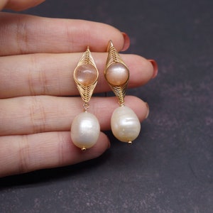 Peach Moonstone and Pearl Dangles Drop Earrings Birthday Wedding Anniversary Gift For Her 14K Gold Filled Wire Wrapped Earrings image 4