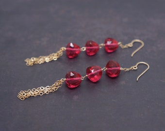 Red Gemstone and Tassel Wire Wrapped Dangle Drop Earrings | Christmas Birthday Wedding Anniversary Gift For Her | 14K Gold Earrings
