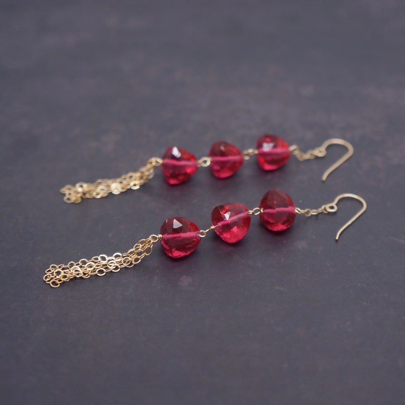 14K Gold Filled Earrings Birthday Wedding Anniversary Gift For Her ON SALE Red Gemstone and Tassel Wire Wrapped Dangle Drop Earrings