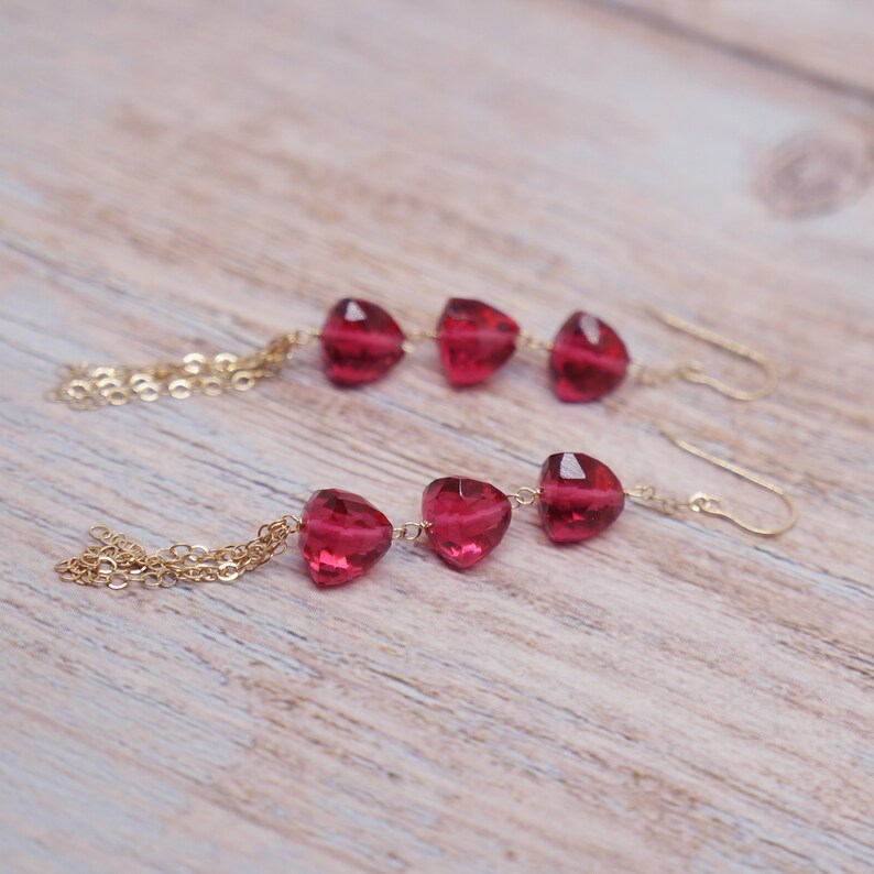 14K Gold Filled Earrings Birthday Wedding Anniversary Gift For Her ON SALE Red Gemstone and Tassel Wire Wrapped Dangle Drop Earrings