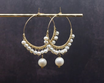 Pearl Gold Filled Wire Wrapped Hoop Earrings  | Birthday Wedding Anniversary Gift For Her | Dainty June Birthstone Pearl Hoop Earrings