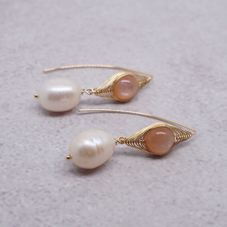 Peach Moonstone and Pearl Dangles Drop Earrings Birthday Wedding Anniversary Gift For Her 14K Gold Filled Wire Wrapped Earrings image 5