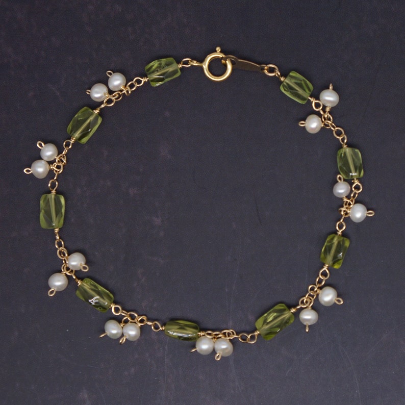 June August Birthstone Bracelet Peridot and Pearl Gold Filled Wire Wrapped Garland Bracelet Birthday Wedding Anniversary Gift For Her