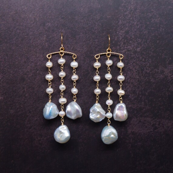 June Birthstone Vermeil Dangle Earrings Wedding Earrings Modern Bridal Jewelry Baroque Pearl 24K Gold Filled Sterling Silver Wire