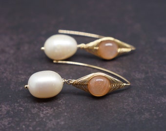 Peach Moonstone and Pearl Dangles Drop Earrings | Birthday Wedding Anniversary Gift For Her | 14K Gold Filled Wire Wrapped Earrings