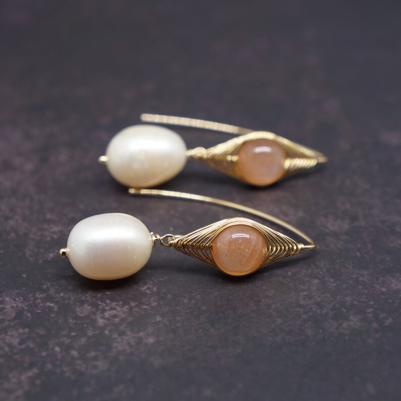 Peach Moonstone and Pearl Dangles Drop Earrings Birthday Wedding Anniversary Gift For Her 14K Gold Filled Wire Wrapped Earrings image 1