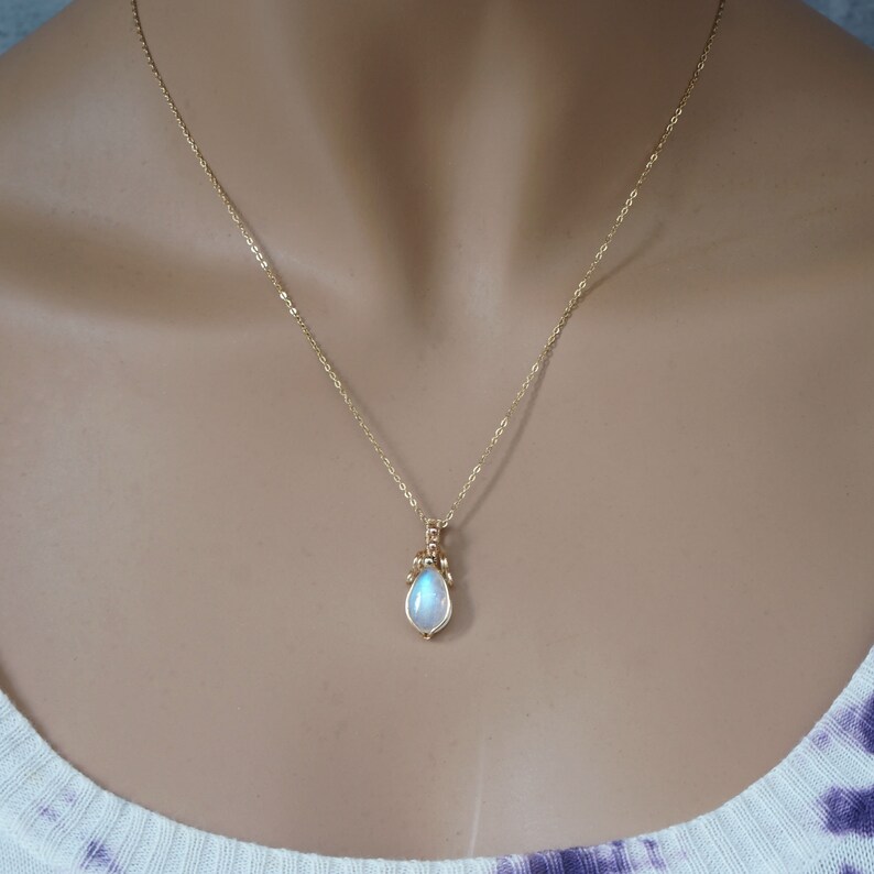 Rainbow Moonstone and 14K Gold Filled Wire Wrapped Necklace Birthday Wedding Anniversary Gift For Her June Brithstone Necklace