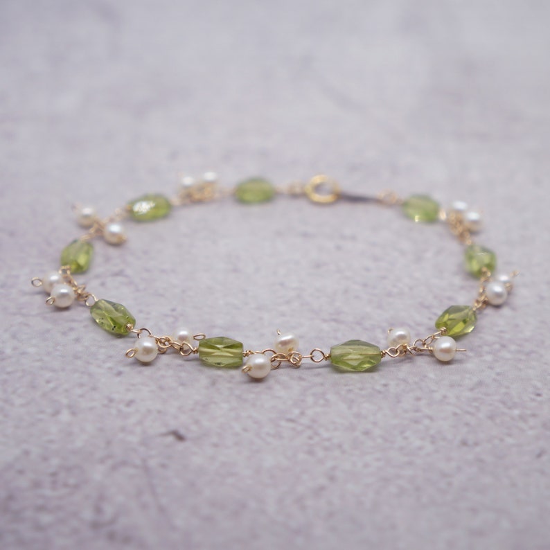 June August Birthstone Bracelet Peridot and Pearl Gold Filled Wire Wrapped Garland Bracelet Birthday Wedding Anniversary Gift For Her