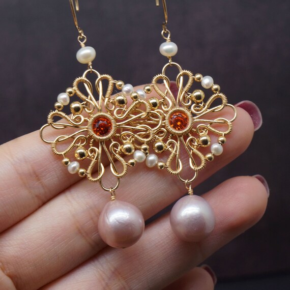 Baroque Pearl and Zircon 14k Gold Wire Wrapped Earrings
