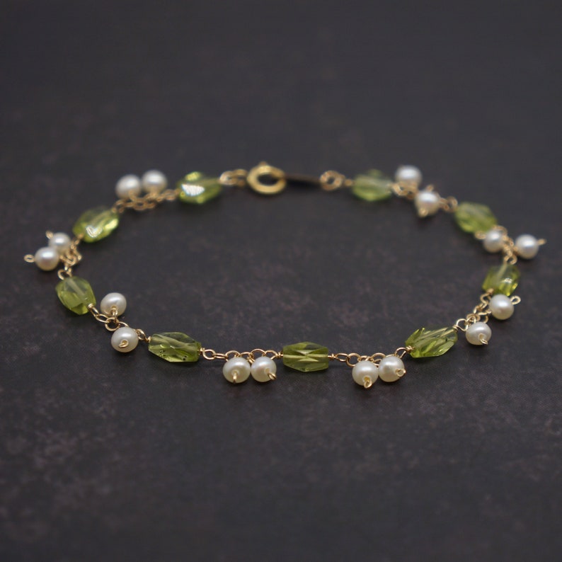 June August Birthstone Bracelet Peridot and Pearl Gold Filled Wire Wrapped Garland Bracelet Birthday Wedding Anniversary Gift For Her