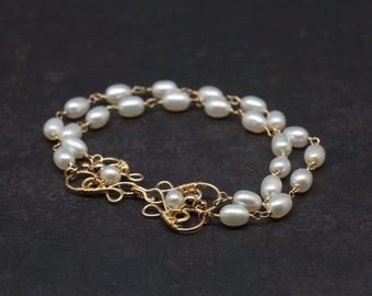 Pearl Bracelet | Gold Bracelet | Earrings for bride | Wedding Jewelry | June Birthstone Bracelet || Christmas Gift | Gold filled Bracelet