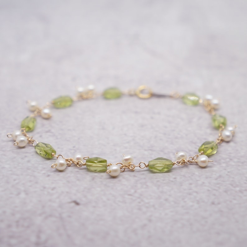 June August Birthstone Bracelet Peridot and Pearl Gold Filled Wire Wrapped Garland Bracelet Birthday Wedding Anniversary Gift For Her