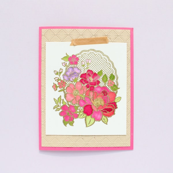 Blank Floral Card, Pink Greeting Card, Flower Bouquet Card, Handmade Floral Card, Pink Note Card, Pink Card with Flowers, Flower Jar Card