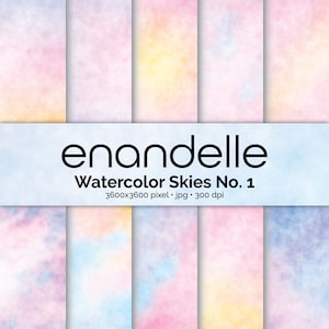 May include: Set of eight digital watercolour sky backgrounds in shades of pink, blue, and yellow. Each background is 3600x3600 pixels and 300 dpi. The backgrounds are perfect for creating digital art, scrapbooking, and other creative projects.