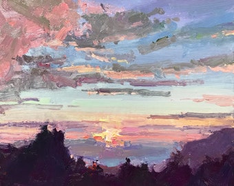 Original Landscape Painting, Plein Air Painting Sunset Landscape , Oil on Canvas Panel, Framed Option, Textured Painting by Amber Wu