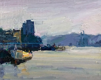 Original  Seascape Painting, Plein Air Painting Sunset Boat, Small Painting, Textured Painting by Amber Wu