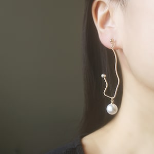 Gold artistic shape dangle White resin pearl invisible resin clip on earrings, non pierced earrings, dangle & drop earrings, gift for her