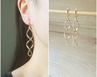 Gold twisted teardrop hoop clip on earrings, non pierced earrings, Minimalist earrings, dangle & drop earrings, long earrings, gift for her