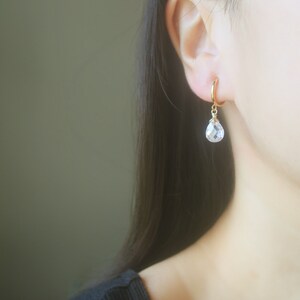 AAA+ Clear Cubic Zirconia tiny teardrop Gold hoop clip on earrings, dangle & drop earrings, Minimalist adorable earrings, gift for her