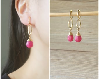 Fuchsia teardrop gemstone gold hoop clip on earrings, non pierced earrings, dangle & drop earrings, Pink clip on earrings, gift for her