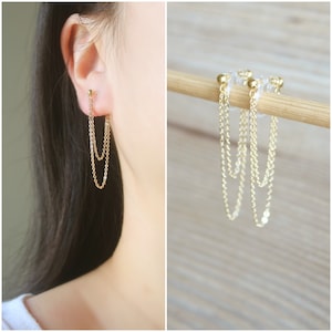 Gold double sided double chains invisible resin clip on earrings, non pierced earrings, dangle and drop clip on earrings, gift for her