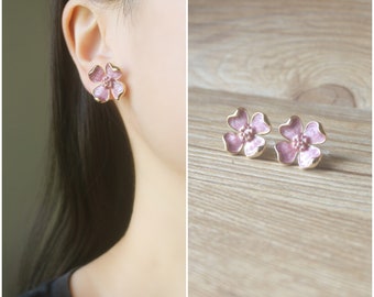 Purple Lilac flower stud invisible resin clip on earrings, non pierced earrings, gold floral stud earrings, Minimalist earrings, gift