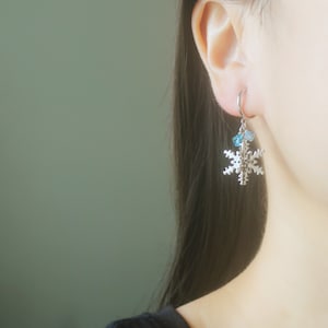Silver 3D Snowflake charm Blue Swarovski crystal hoop clip on earrings, non pierced earrings, dangle & drop earrings, gift for her
