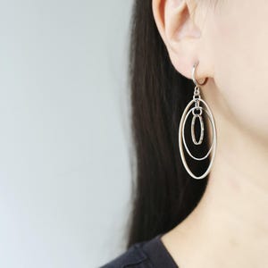 Silver tone triple Spinning Ovals hoop clip on earrings, non pierced earrings, dangle & drop earrings, Minimalist earrings, gift for her